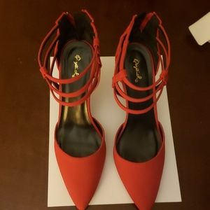 Red suede, pointed toe cage heels